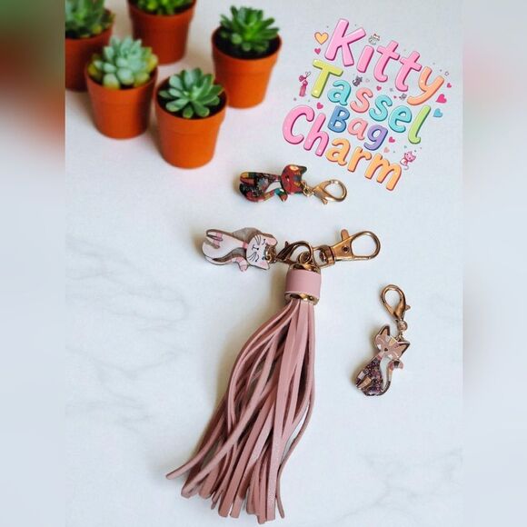 Pink Tassel Bag Charm with Kitty Charms - Picture 1 of 2